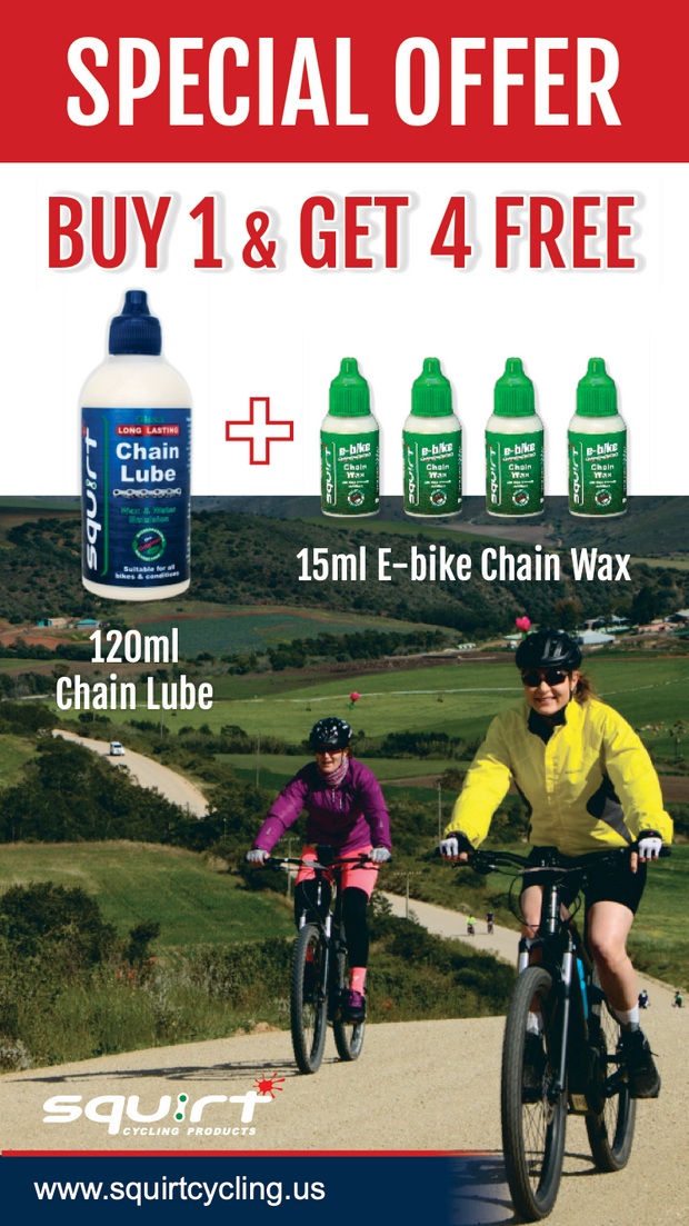 Buy one Squirt Chain Lube and get four E bike lube samples FREE